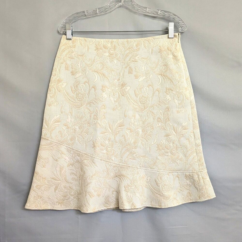 Barami Floral Brocade Textured Flounce Skirt Womens 6 Cream Ivory Lined
